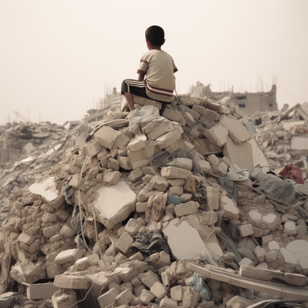 A child sits with their back turned on top of rubble